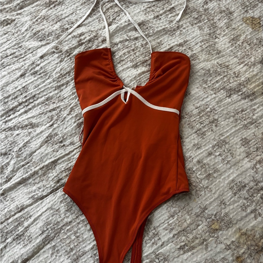 Abercrombie & Fitch Orange Halter Tie Bodysuit White Trim